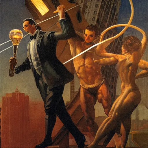 Prompt: ripped physique bioshock thunder magnate Nikola Tesla atop the skyscraper brandishing a crackling phosphorescent tesla coil Michelangelo Buonarotti winslow homer craig j. spearing thomas eakins greg rutkowski alexandre benois giotto leonardo da vinci