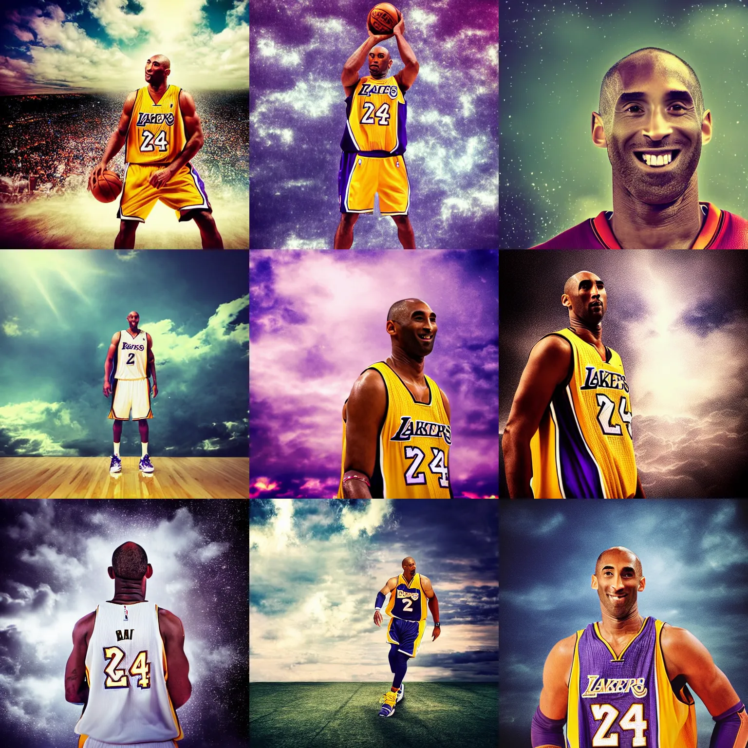 Prompt: professional photo studio of kobe bryant in heaven, surreal, ultra accurate, realistic, bokeh effect, clouds background