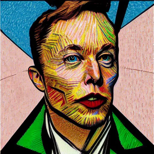 Image similar to portrait of elon musk, mashup between mc escher and vincent van gogh