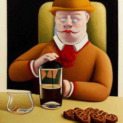 Image similar to a ginger-bread-man having a whiskey by Raphael, Hopper, and Rene Magritte. detailed, romantic, enchanting, trending on artstation.