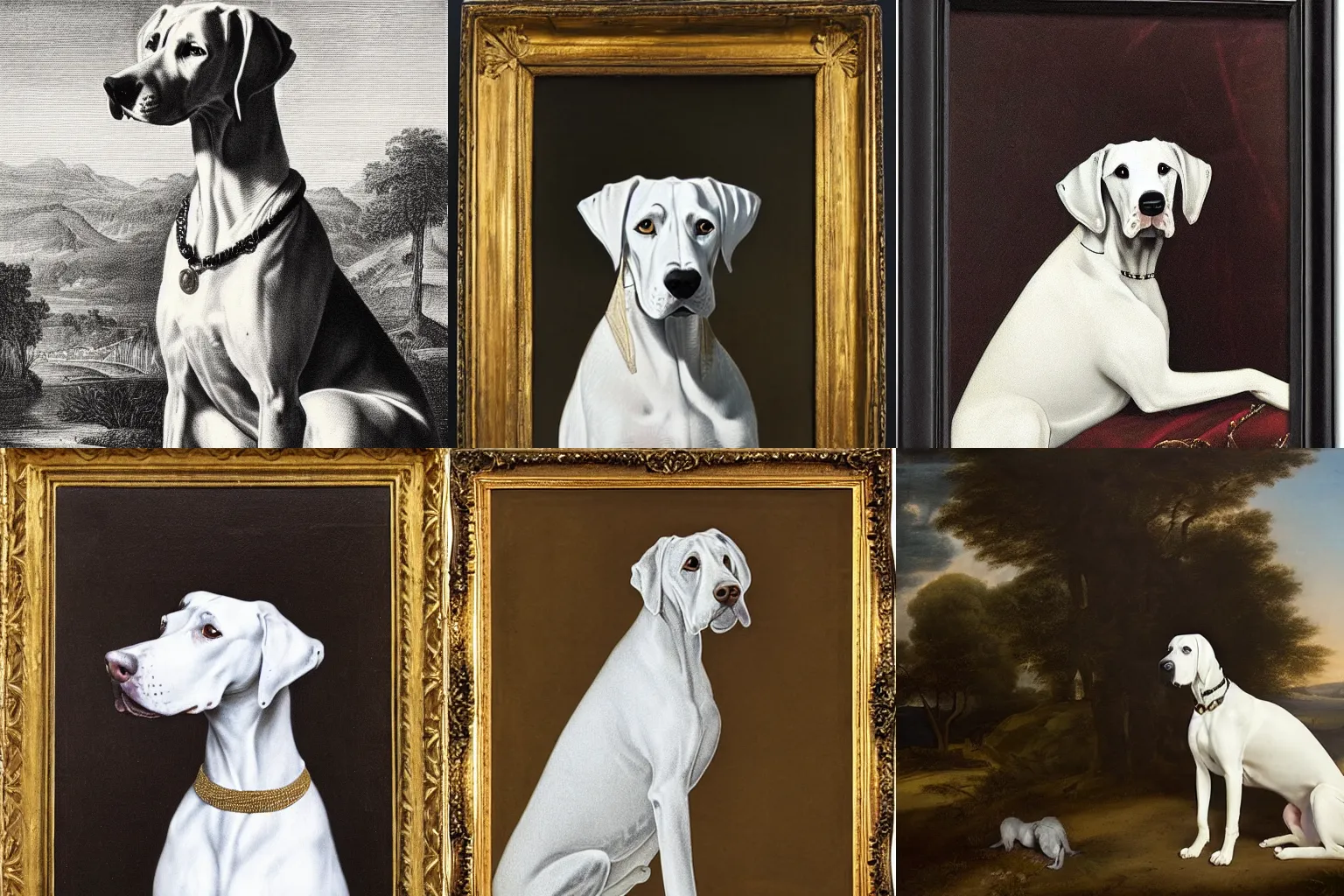 Prompt: a portrait of a slim white dotted grey great dane in a scenic environment by mary beale and rembrandt, royal, gold noble, crown, baroque art