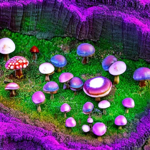 Image similar to Mushroom house, fairy, magical, mystical, psychedelic, realism, realistic, macrophotography, aerial veiw, 4k