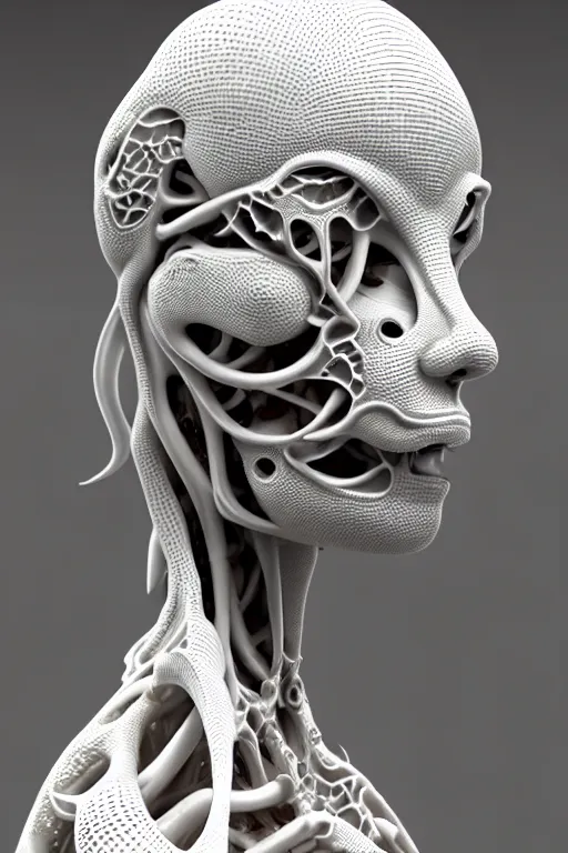 Image similar to bw 3 d render, hyper detailed, stunning beautiful biomechanical albino maniac cyborg with a porcelain profile face, beautiful natural soft rim light, big leaves and stems, roots, fine foliage lace, alexander mcqueen, studio ghibli, herge, art nouveau fashion embroidered, steampunk, silver filigree details, hexagonal mesh wire, mandelbrot fractal, 8 k