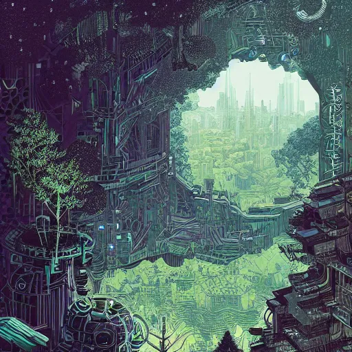 Prompt: Stunningly intricate illustration of a single cyberpunk explorer overlooking an ancient circular portal in a lush forest, highly detailed, midnight, by Victo Ngai and James Gilleard , Moebius, Laurie Greasley