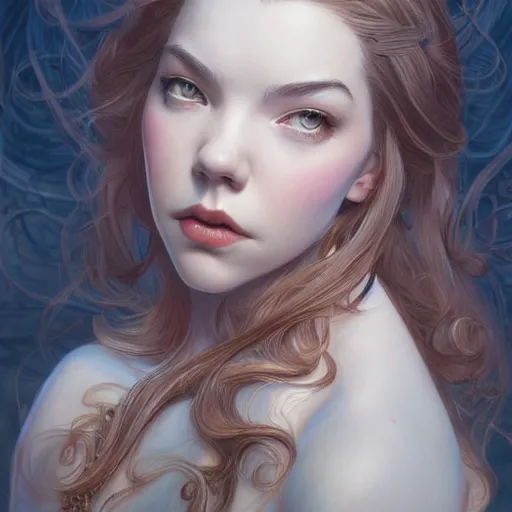 Image similar to Adult Anya Taylor-Joy, intricate, elegant, highly detailed, centered, digital painting, artstation, concept art, smooth, sharp focus, illustration, art by artgerm and donato giancola and Joseph Christian Leyendecker, Ross Tran, WLOP