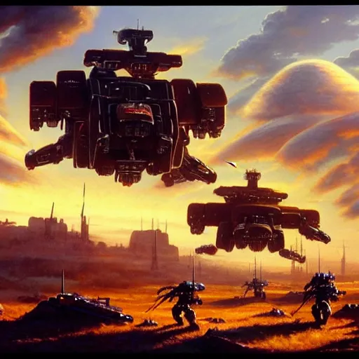 Image similar to an epic scene of BattleTech battlemech battle on the scottish plains as a futuristic city smolders in the distance, action scene, illustration, soft lighting, very detailed, painting oil on canvas by Jim Burns by Carl Gustav by Robert McCall, trending on artstation, 4k, 8k, HD