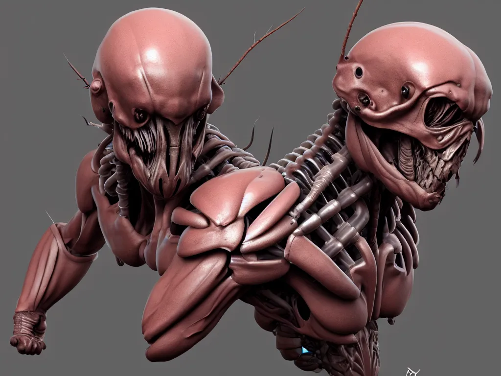 Image similar to game concept art, muscular, exoskeleton, chiroptera head, isopod, hyperrealism, artstation, cgsociety, zbrush, no background