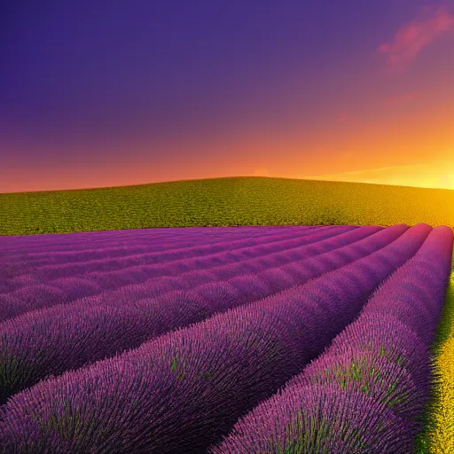 Image similar to realistic lavender fields at sunrise, ultrawide angle cinematic view, ultra realistic, detailed, cinematic, photorealism, unreal engine, octane render