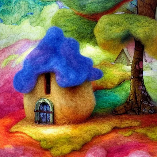 Image similar to small wooden house in the middle of spring forest, bright colours, watercolor, volumetric wool felting, macro photography, children illustration, by michael hutter