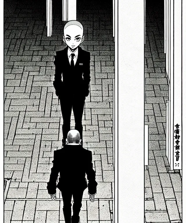 Image similar to A manga cover about a shaved-headed solo bully standing on the sidewalk. Sharp high quality manga cover, fine details, straight lines, architecture in the background, masterpiece, shading, shadows, art, highly detailed drawing by Hirohiko Araki, Akatsuki Akira, Kentaro Miura