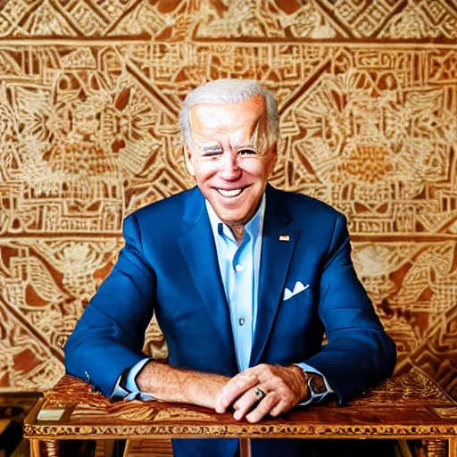 Prompt: A Photo Portrait of Joe Biden Wearing Indonesian Batik Tulis at a fancy Balinese restaurant, award winning photography, sigma 85mm Lens F/1.4, blurred background, perfect faces