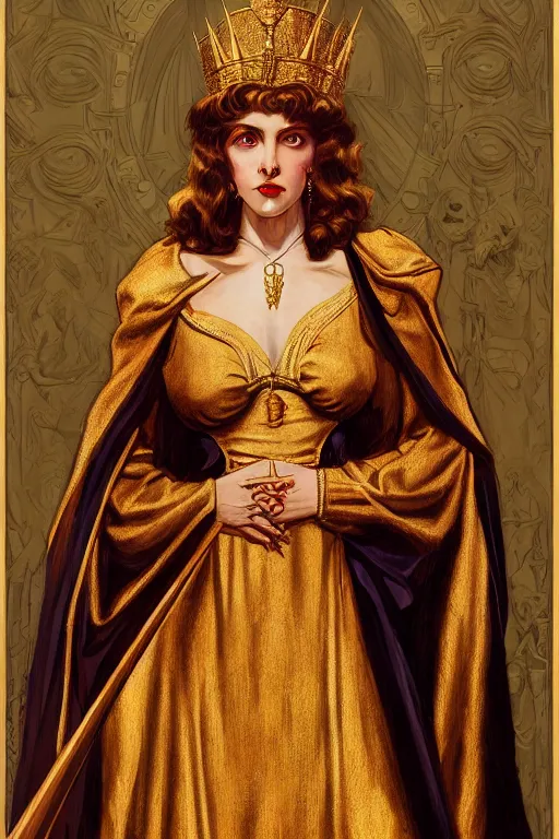 Image similar to Portrait of historically accurate, ancient biblical, sultry, sneering, evil, pagan, wicked, queen jezebel, wearing gilded robes, long hair, intricate, elegant, highly detailed, masterpiece, illustration, art by J C Leyendecker, highly detailed, trending on artstation, award winning