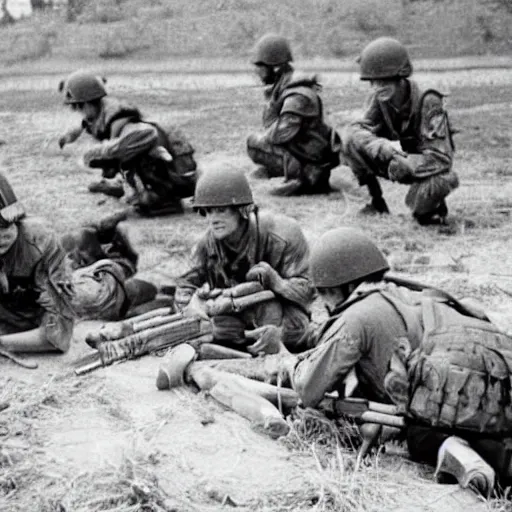 Image similar to BTS boyband fighting in the Vietnam war, historical photo, vintage photo, 1965