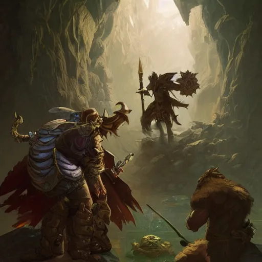 Image similar to a paladin, a rogue and a druid fighting against a giant toad inside a cave, d & d, fantasy, highly detailed, digital painting, artstation, concept art, character art, art by greg rutkowski and tyler jacobson and alphonse mucha