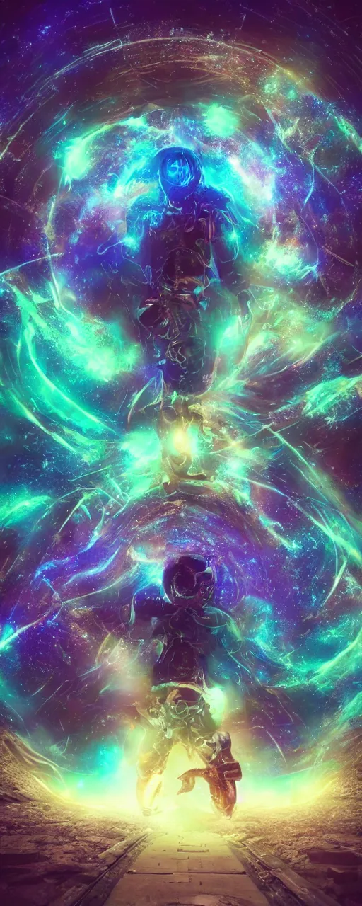 Image similar to tunnel portal made of stars space, gigantic biomechanical astral monk, cosmic eye, nebulas stars dmt psychedelic cosmos, cosmic, hallucination, night sky cluster milky way constellations, 8 k, artstation, unreal engine, octane render, hdr, surrealistic, glow, photorealistic, volumetric lighting, dreamy, dynamic, mystical