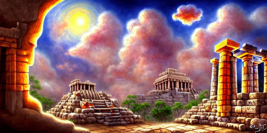 Image similar to illusion painting hidden temple in the clouds : an adorable small fox in the huge ruins of the second temple in jerusalem. a new temple hovers quietly hiding in the dreamy clouds above. a hooded bearded old man in a brown tunic laughing, colorful 8 k, art station, intricate superb details, digital art, illusion painting hidden image.