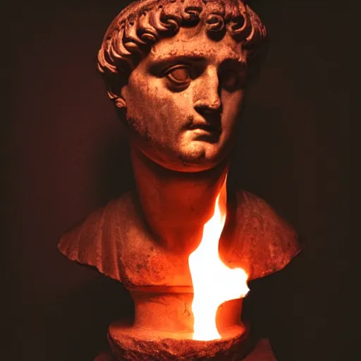 Image similar to an ancient Roman bust on fire in a dark room, high contrast, black, realistic