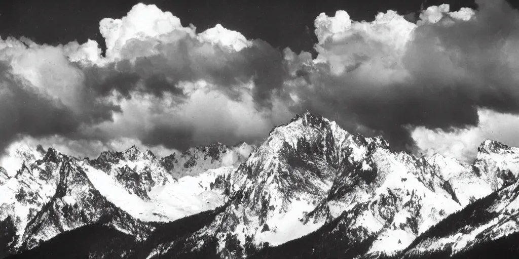 Prompt: tall mountains covered in snow with huge clouds, photo by Ansel Adams,
