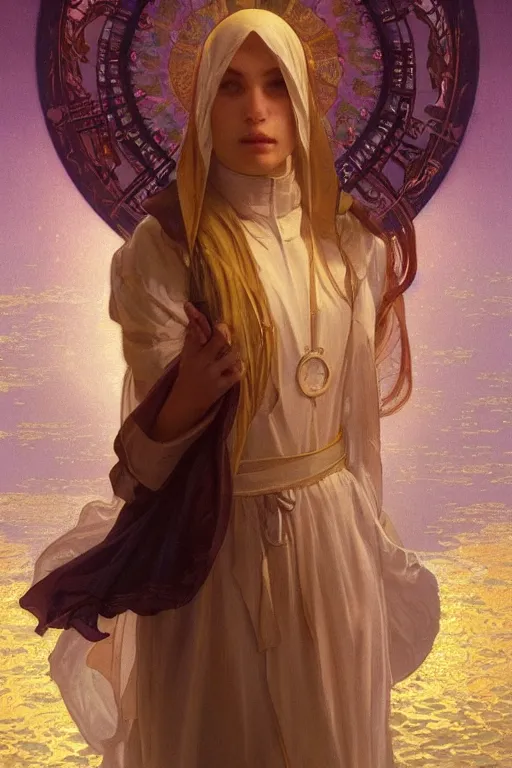 Prompt: cleansing myself with holy water and all the world's virtue and piety, golden light, purple water, highly detailed, digital painting, artstation, concept art, smooth, sharp focus, illustration, art by artgerm and greg rutkowski and alphonse mucha