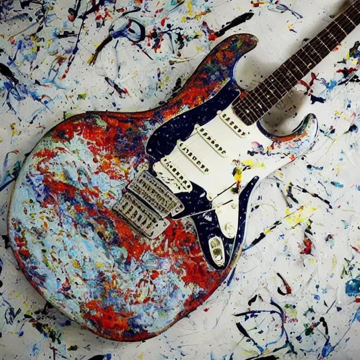 Prompt: “Fender Stratocaster painted by Jackson Pollock on a clean white table.”