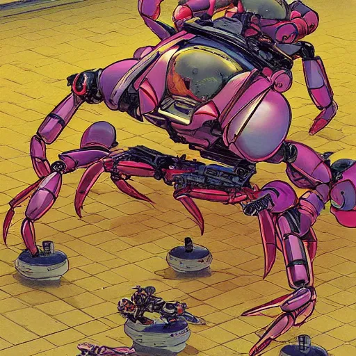 Prompt: crab mech on rollers by shirow masamune and moebius
