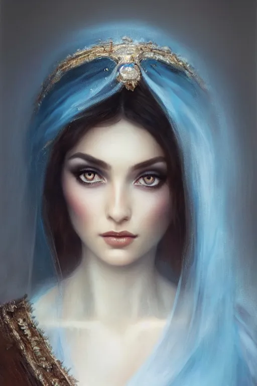 Image similar to ameera al taweel, bright blue eyes, long wavy black hair, white veil, closeup, cinnamon skin color, elegant, highly detailed, centered, oil painting, artstation, concept art by tom bagshaw