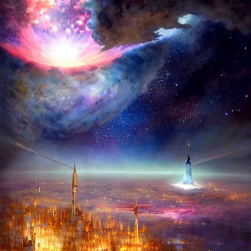 Prompt: The golden city of New Jersualem in the clouds, the orion nebula in the sky, nebula, fantasy city, fantastical architecture, divine, holy, art by Stephan Martinière, Martinière artwork, fantasy, beautiful, HD