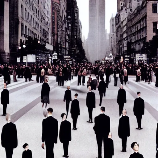 Image similar to People crossing the street from the movie Inception by Christopher Nolan, recursive intersections, surreal, photograph, highly detailed, high evolution, legendary, smooth, sharp focus, dynamic lighting, 4k, by Rene Magritte