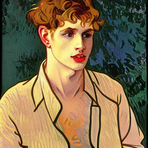 Image similar to painting of a young cute handsome beautiful androgynous strawberry blond medium curly! hair man in his early 2 0 s with a thin mustache and slight beard with grey - blue eyes wearing a blank maroon t - shirt, by alphonse mucha, vincent van gogh, egon schiele