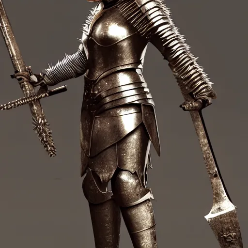 Prompt: full body photo of afemale warrior with spiky armour with a medieval flail, highly detailed, dramatic lighting, cinematic, 4k