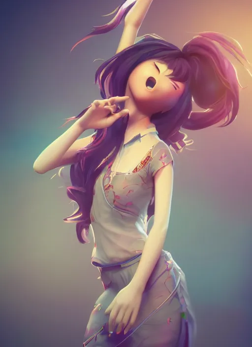 Image similar to a cute asian girl singing, flowing hair in the style of pixar animation, full body shot, low angle view, award winning, hyper detailed, studio lighting, artstation, octane renderer, unreal engine