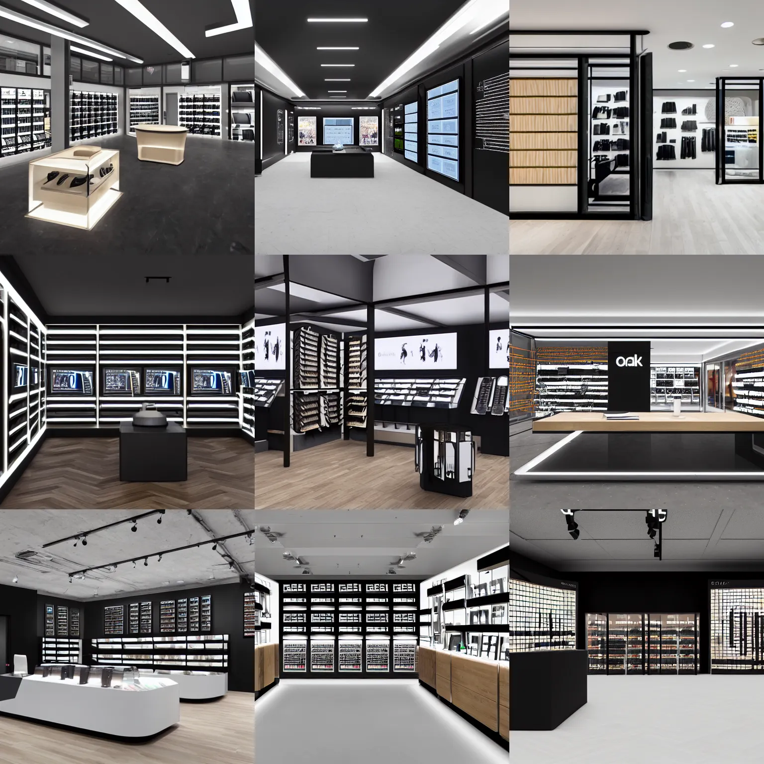 Prompt: a futuristic store, oak parquet, black walls, digital screens
