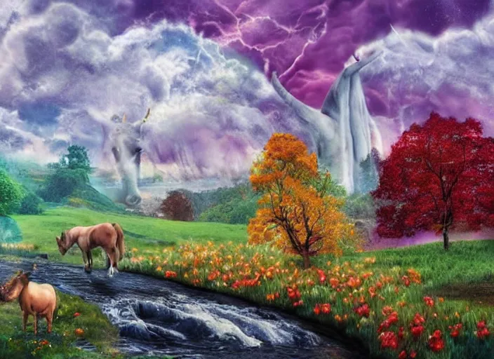 Prompt: unicorns in an autumnal landscape, river and waterfalls, pretty tree with fruits, tormented sky with rain in the background, immaculate horns, little pixies and goblins playing, inspired by clark amanda