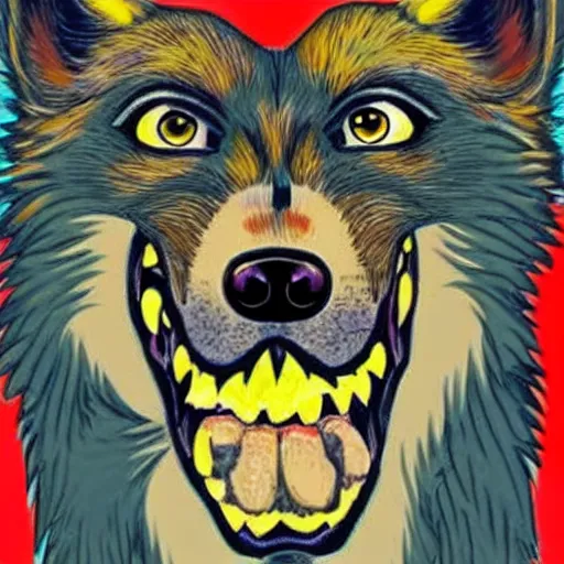 Image similar to ugly portrait of retarded wolf, eyes in different directions, rabies, big teeth, propaganda style, vivid colors