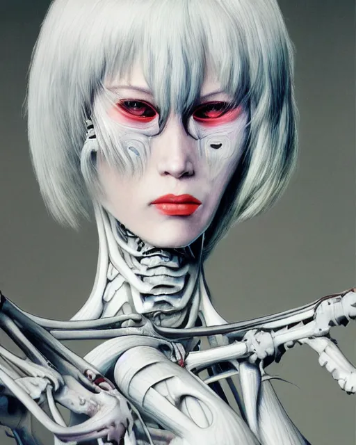 Image similar to rei ayanami by roger dean, by hr giger, biomechanical, profile portrait, hyper detailed, hyperrealism, deviantart, artstation, 4 k, highly detailed, vray rendering, unreal engine