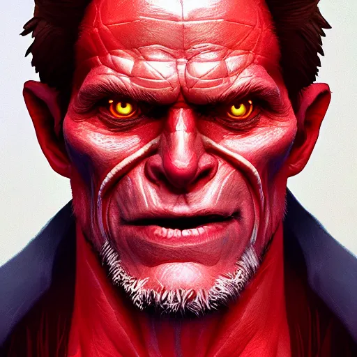 Prompt: Portrait of Willem Dafoe as the Devil, red skin, horns under his cheek, mattepainting concept Blizzard pixar maya engine on stylized background splash comics global illumination lighting artstation lois van baarle, ilya kuvshinov, rossdraws