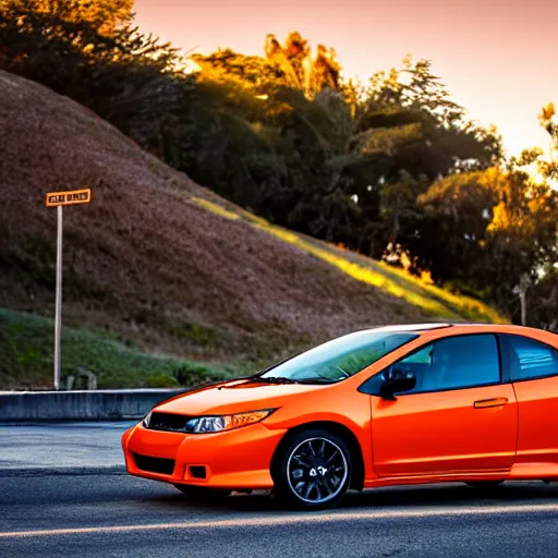 Image similar to a orange Honda Civic with tinted windows in the Bay Area California, dusk, high definition