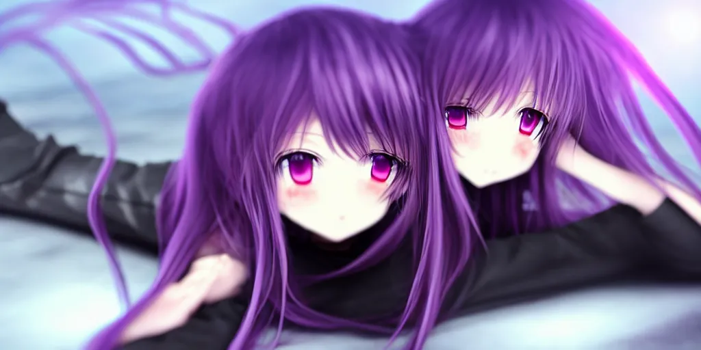 Image similar to A render of a cute young 3D anime girl with long violet hair, she is laying on her back, top down camera angle pointing at her face, she is wearing a long flowing black reaper hood with black pants, a bloody scythe is laying next to her foot, in a busy street, laying on her back, full body, dark and moody lighting, night time