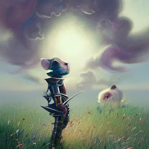 Prompt: Cloud Champion Hamster knight roaming the windswept field simon stalenhag aubrey beardsley edson campos christopher lovell jeff simpson allison carl hiro izawa paul chadeisson pastel painting