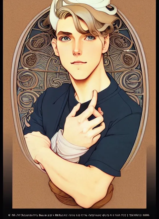 Prompt: art nouveau portrait of a young man with short, ash blond greyish hair, light brown eyes, natural lighting, path traced, highly detailed, high quality, cartoon, digital painting, by don bluth and ross tran and studio ghibli and alphonse mucha