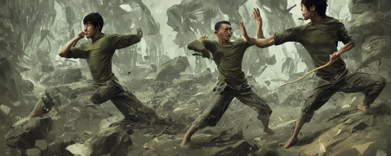 Image similar to duotone olive green grey illustration 3 / 4 portrait of gollum fighting in bruce lee style. dynamic chaotic composition accidental renaissance golden ratio. by sachin teng and sergey kolesov and ruan jia and heng z. graffiti art, scifi, fantasy, hyper detailed. octane render. concept art. trending on artstation