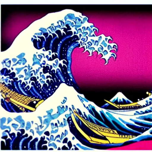 Image similar to the great wave off kanagawa with pink lava and fire, rococo, hyperreal, detailed, 4 k