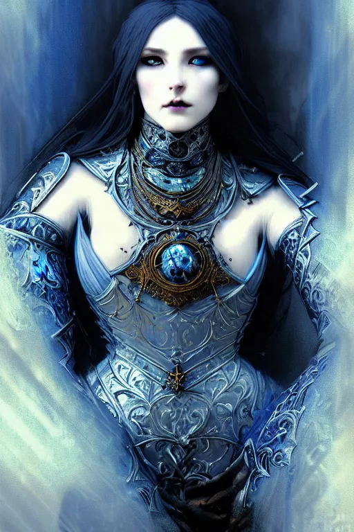 Prompt: beautiful luxury and gothic and victorian and evil medieval female blue & white color armor knight portrait+smoky eyes+light flowing hair, in ruin gothic cathedral, ultradetail face, art and illustration by tian zi and craig mullins and WLOP and alphonse mucha, fantasy, intricate complexity, human structure, fantasy world concept, watermark, blurry, hyperrealism 8k