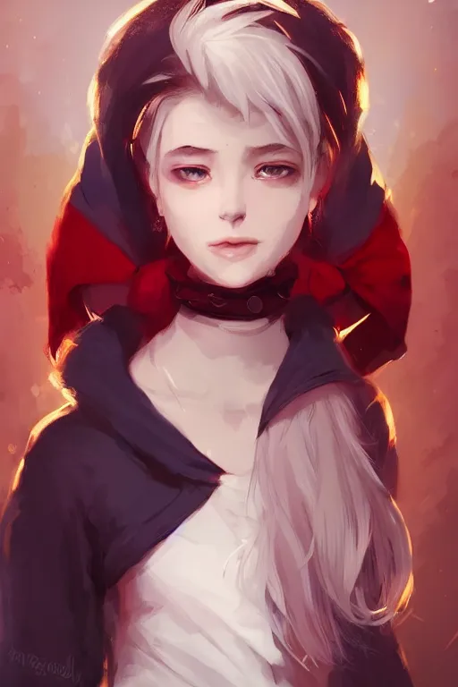 Image similar to portrait of a girl sorcerer with white hair in a messy white hairbun. She is wearing a short black tshirt, jeans pants, a red scarf. digital art, character design. in the style of wlop, rossdraws, artstation trending