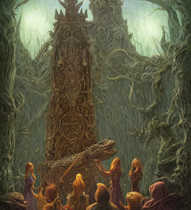 Prompt: a coven of keltic druids commune with giant anthropomorphic crocodile spirit god by an old obelisk. surrealist fantasy digital painting trending on deviantart. cinematic atmospheric lighting, epic, painted by rebecca guay, intricate ultrafine details by dave dorman, vibrant colors by anato finnstark. well composed, wow, masterpiece. reasonably decent art