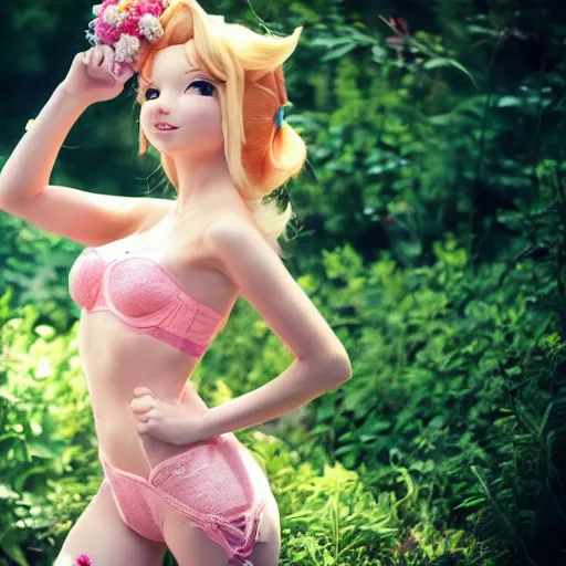 Prompt: real life princess peach in lingerie, beautiful beach front, aesthetic, very large bosum, photo, flowers, sun shafts, bunny