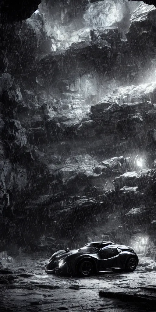 Image similar to the batmobile standing in a very dark and wet cave. highly detailed. intricate. mist. atmospheric. rim light. photorealistic. 8 k. monochrome. rays of light filling the cave. cinematic. matte painting. cinema 4 d. octane render. imagined by ash thorp. ambient occlusion. global illumination.