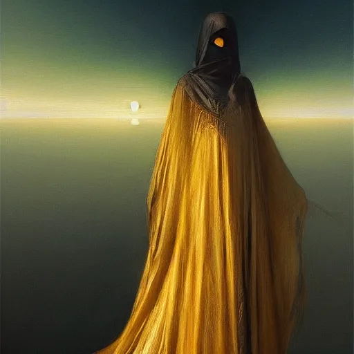 Prompt: a silhouette dressed with a shroud wears a human golden mask, by jean delville and sophie anderson and mandy jurgens, golden ratio, perfect composition, elegant, no crop, extremely detailed, hd, masterpiece, artstation