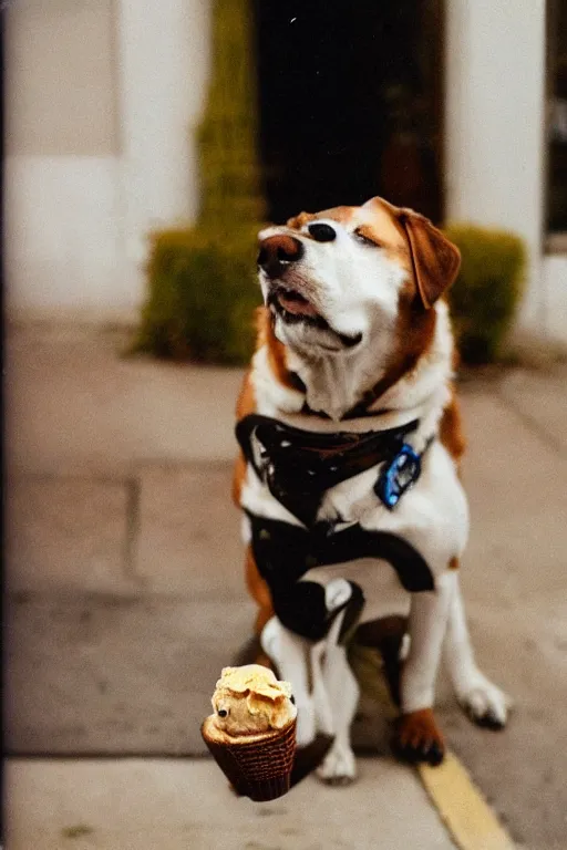 Image similar to Street photography of a dog licking an ice-cream, polaroid