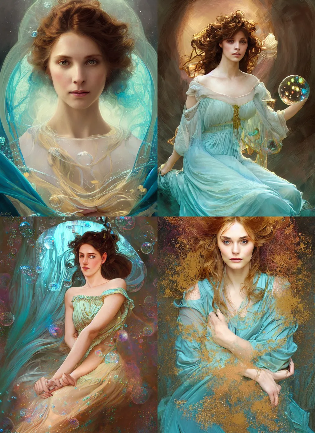 Prompt: portrait of magical irish woman, dreamy and ethereal, turquoise and ochre accents, peaceful expression, ornate frilly dress, fantasy, intricate, elegant, rainbow bubbles, highly detailed, digital painting, artstation, concept art, smooth, sharp focus, illustration, art by artgerm and greg rutkowski and alphonse mucha